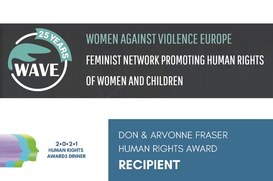 [ai] Promotional graphic for the 25th anniversary of Women Against Violence Europe (WAVE), highlighting their human rights work for women and children. Includes text about the Don & Arvonne Fraser Human Rights Award recipients.